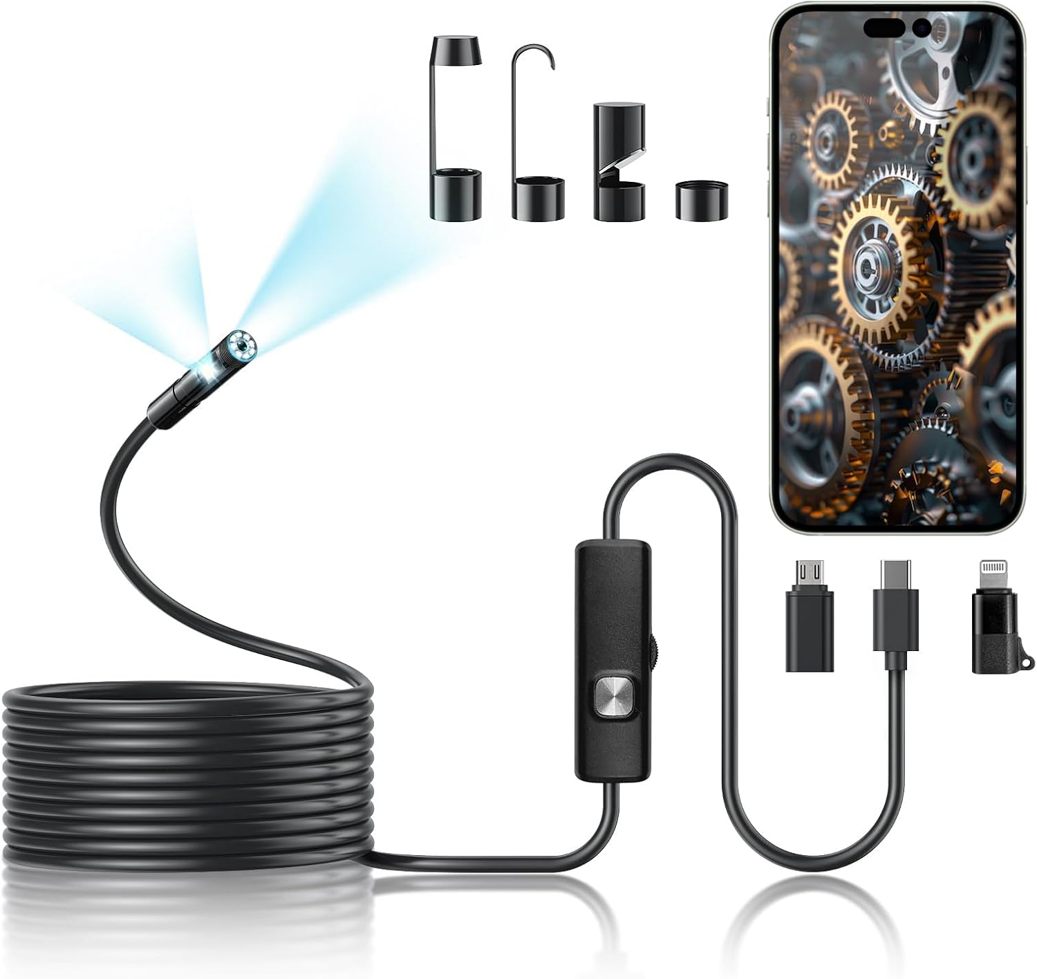 Dual-Lens Endoscope Camera with Light, 1080P HD Borescope for iPhone & Android, USB-C Inspection Camera, 16.4FT Semi-Rigid Cable, 8 LED Lights, IP67 Waterproof