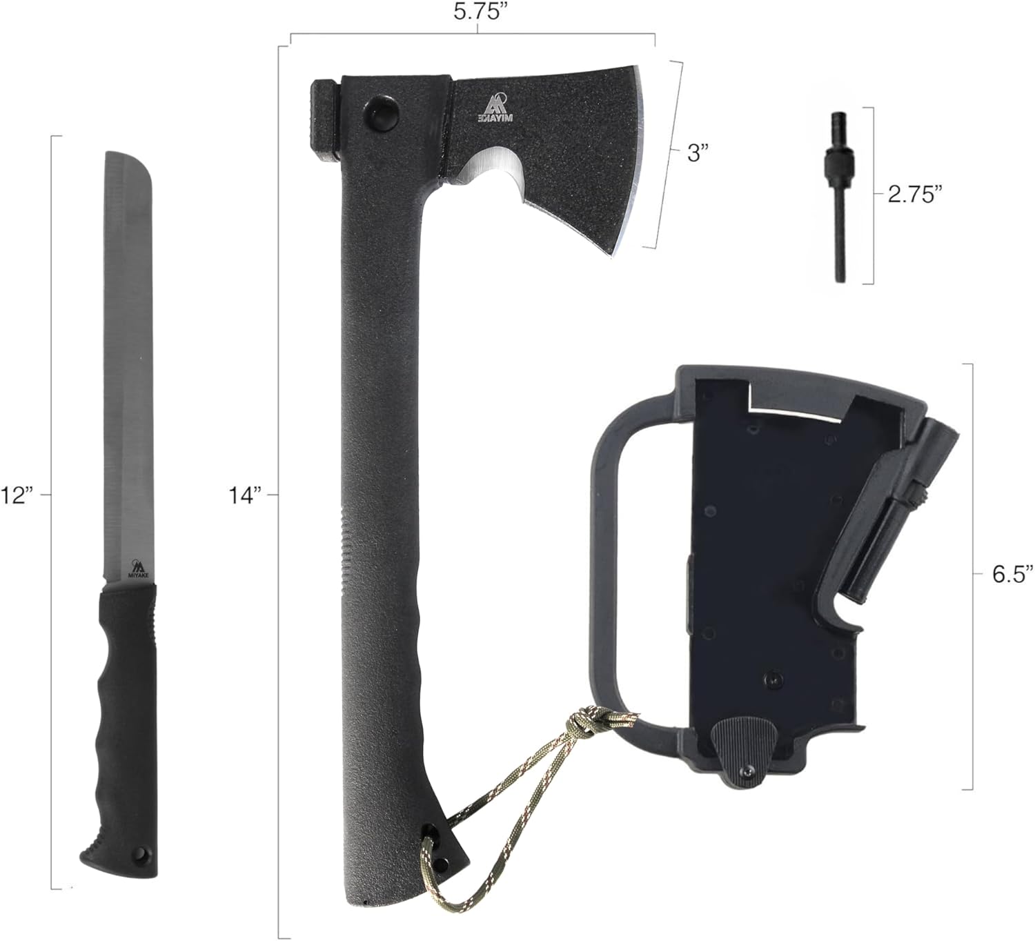 Miyake 14" Hatchet Axe with Fire Starter, Whistle & Hammer – Fiberglass Handle
