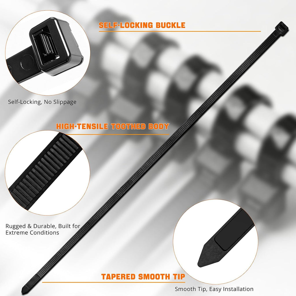 Miyake 18 Inch Heavy Duty Zip Ties 100PCS - 120LBS Tensile Strength, 7.6mm Wide PA66 Nylon Self-Locking UV Resistant Black Cable Ties