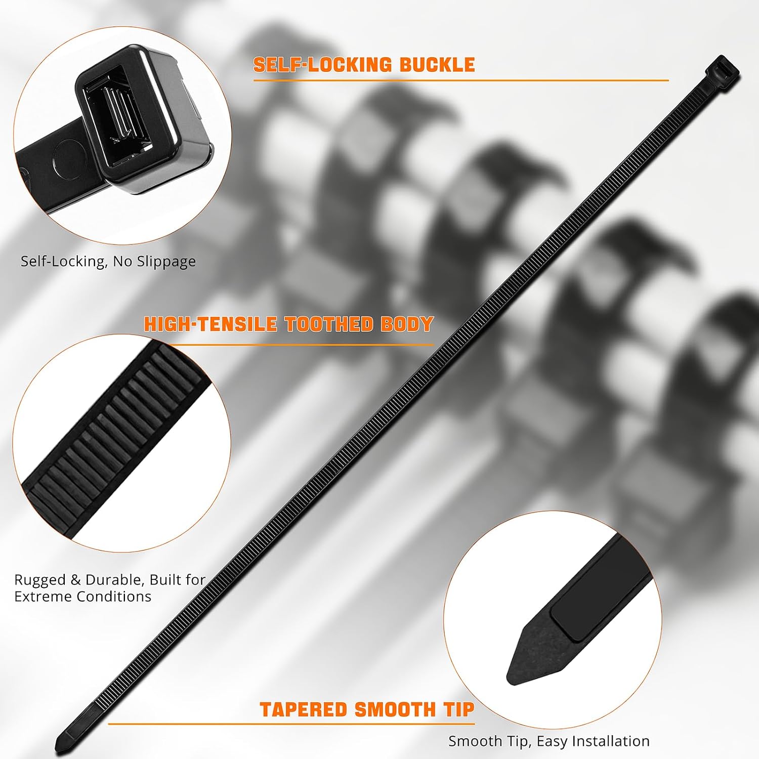 Miyake 18 Inch Heavy Duty Zip Ties 100PCS - 120LBS Tensile Strength, 7.6mm Wide PA66 Nylon Self-Locking UV Resistant Black Cable Ties