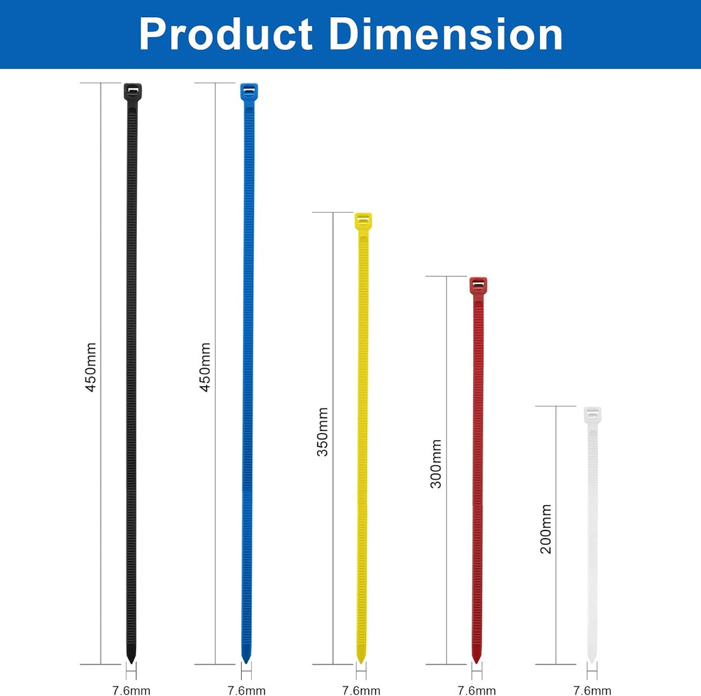 Miyake 100PCS Heavy Duty Zip Ties Assorted Colors - 120LBS Strength, 7.6mm Wide PA66 Nylon Self-Locking UV Resistant Cable Ties (8" / 12" / 14" / 18")