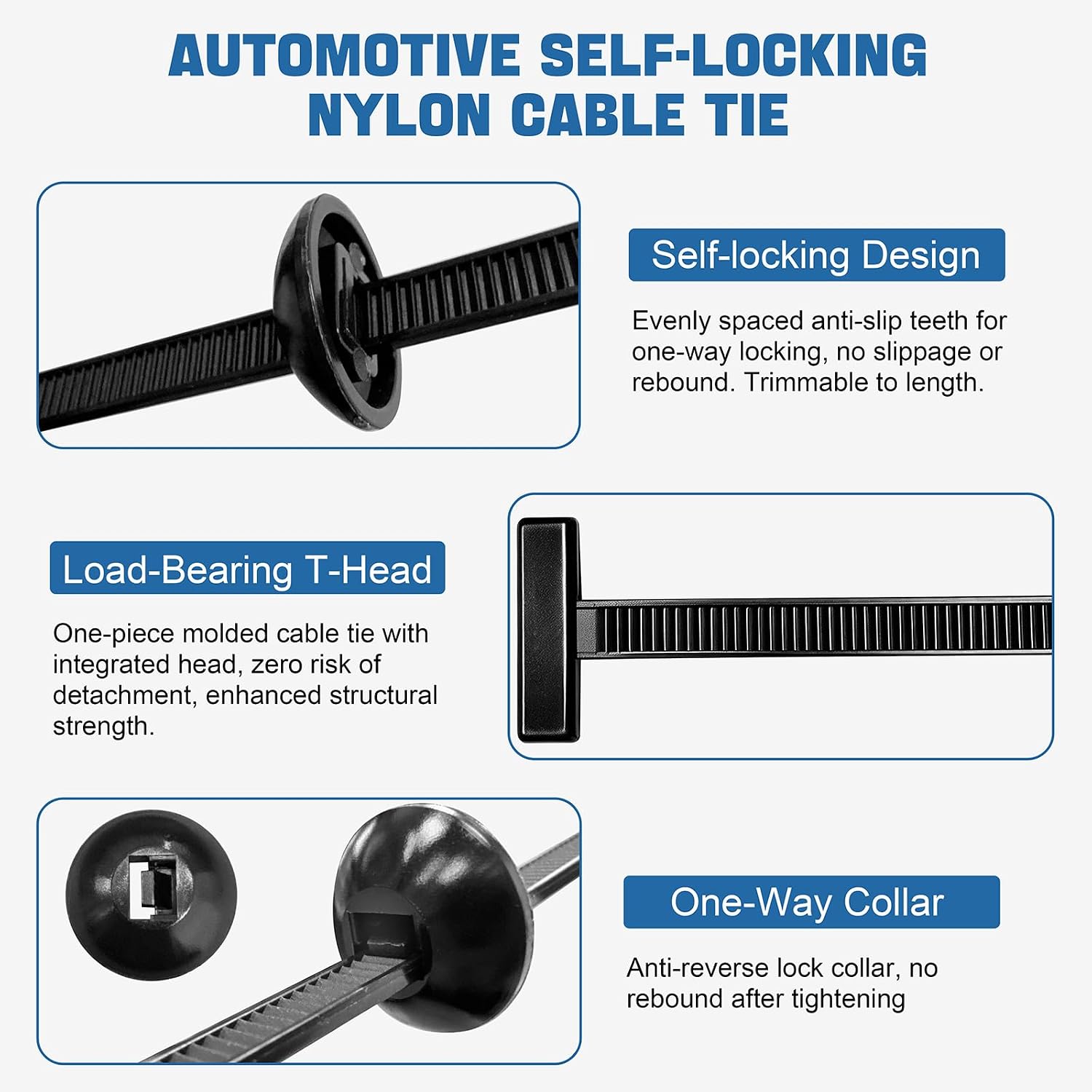 Miyake Nylon Cable Tie Buckles 100PCS - Self-Locking Automotive Push Pin Rivets for Bumper Fender Trunk Repair