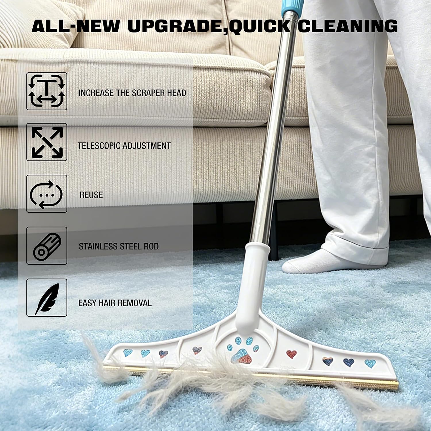 Pet Hair Carpet Rake with 55-Inch Adjustable Handle, Copper Blade Carpet Hair Removal Tool for Rugs, Carpet, Couch, Stairs & Upholstery