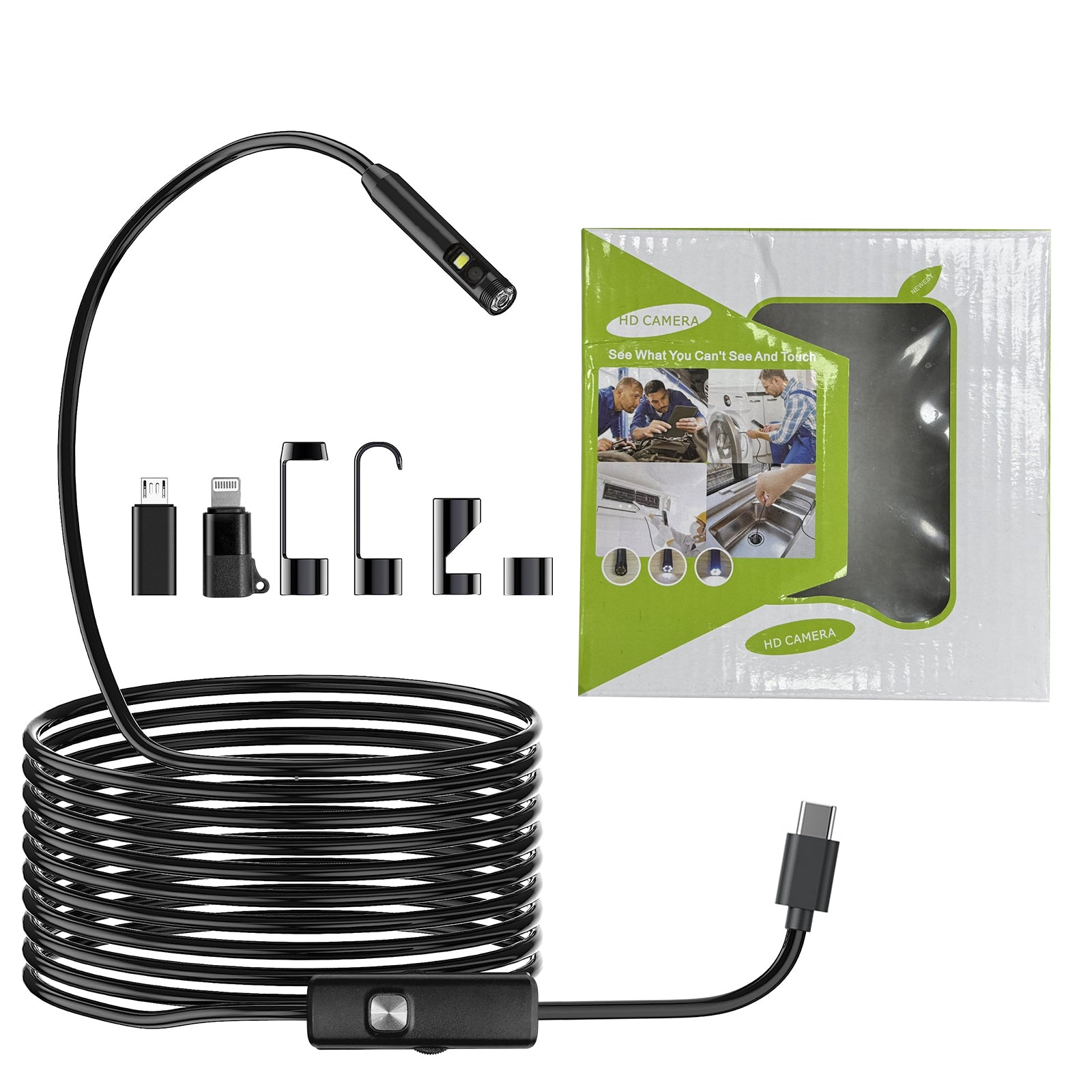 Dual-Lens Endoscope Camera with Light, 1080P HD Borescope for iPhone & Android, USB-C Inspection Camera, 16.4FT Semi-Rigid Cable, 8 LED Lights, IP67 Waterproof