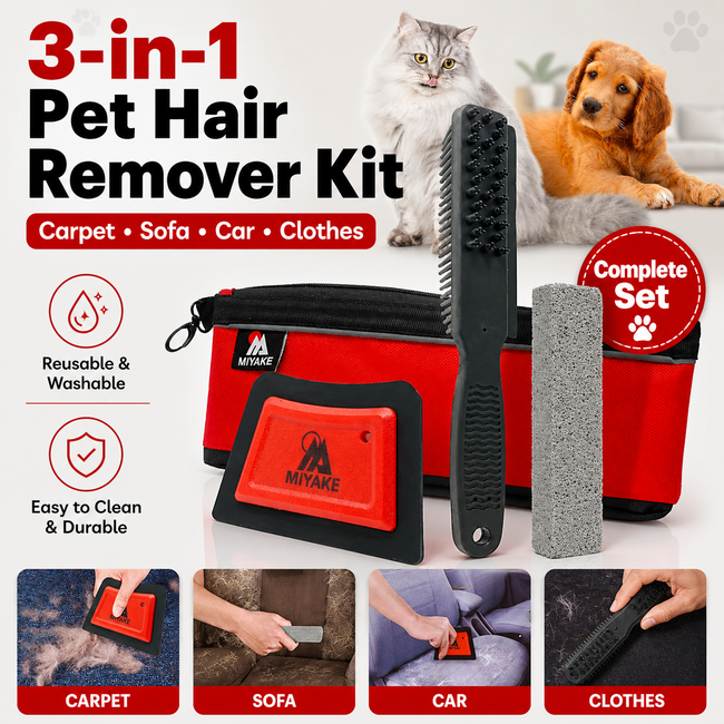 Miyake 3-in-1 Pet Hair Remover Kit for Carpet, Couch, Car Seats & Clothes Hover Image