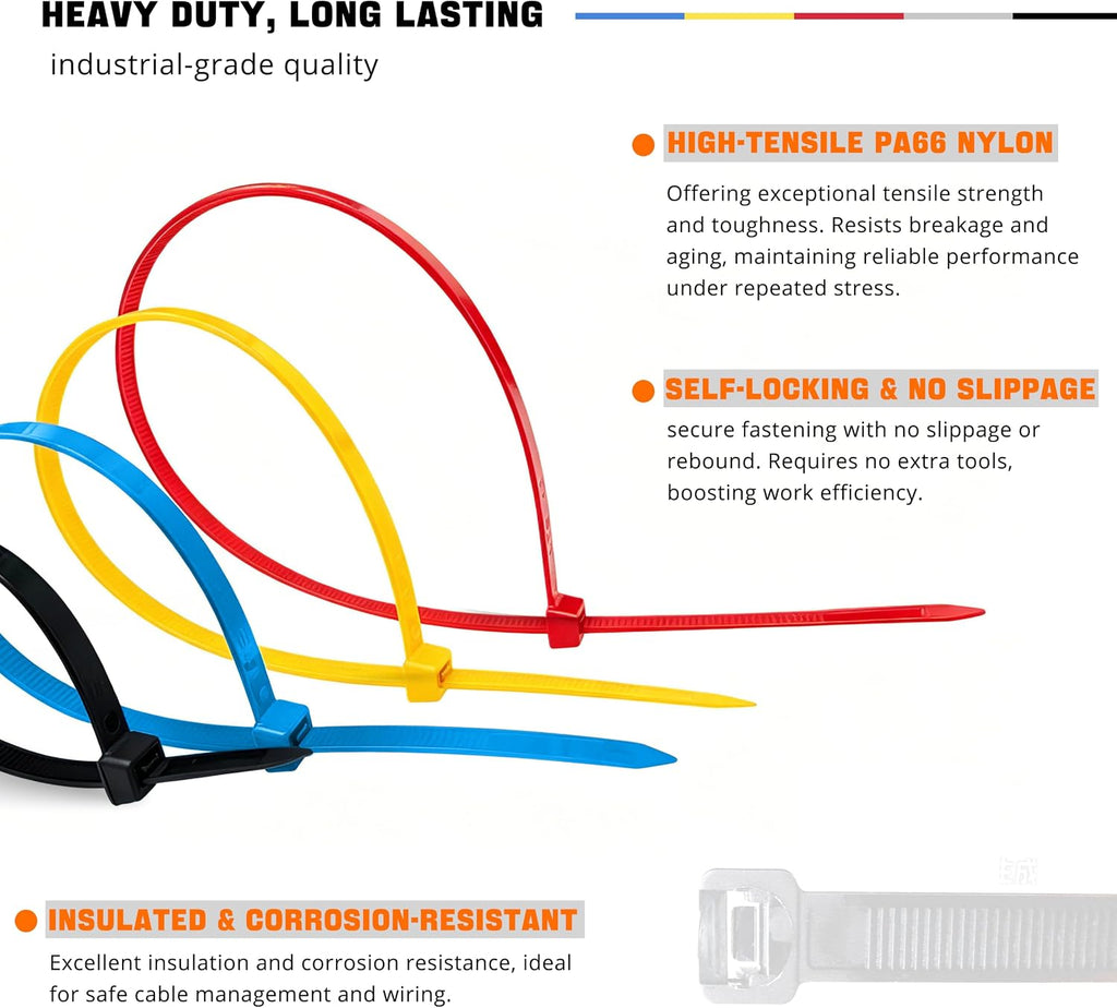 Miyake 100PCS Heavy Duty Zip Ties Assorted Colors - 120LBS Strength, 7.6mm Wide PA66 Nylon Self-Locking UV Resistant Cable Ties (8" / 12" / 14" / 18")