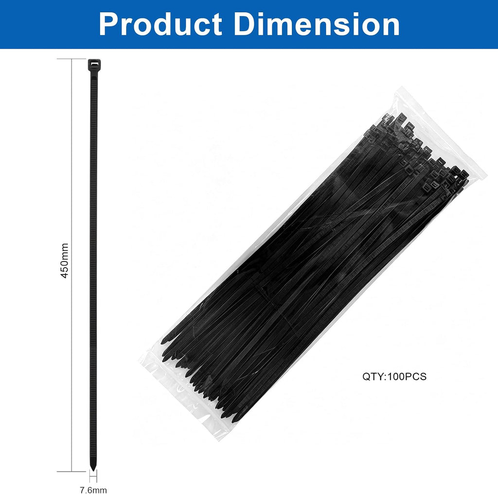 Miyake 18 Inch Heavy Duty Zip Ties 100PCS - 120LBS Tensile Strength, 7.6mm Wide PA66 Nylon Self-Locking UV Resistant Black Cable Ties