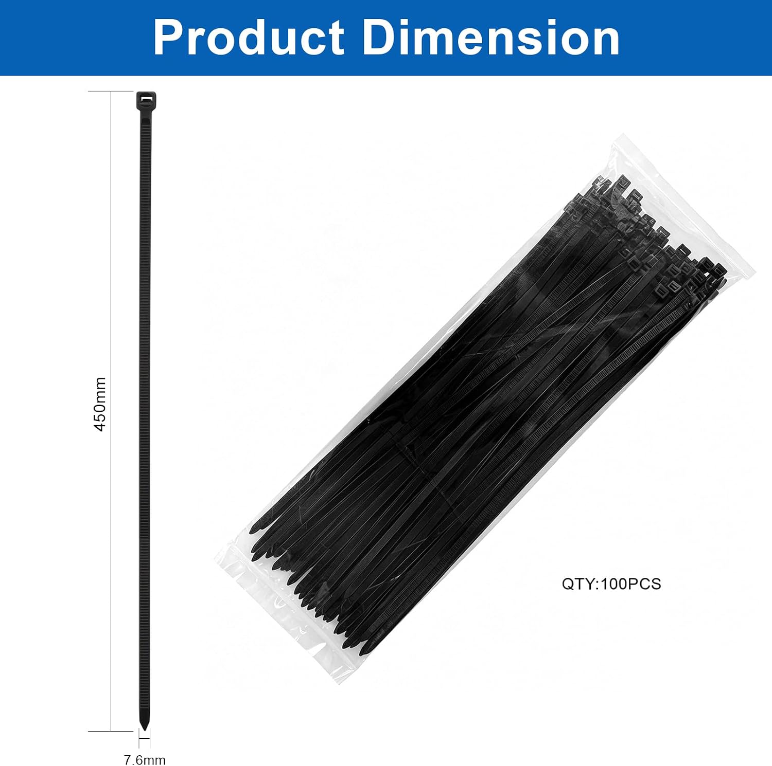 Miyake 18 Inch Heavy Duty Zip Ties 100PCS - 120LBS Tensile Strength, 7.6mm Wide PA66 Nylon Self-Locking UV Resistant Black Cable Ties
