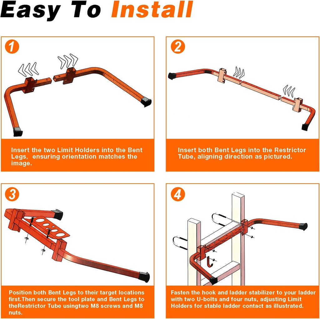 Heavy-Duty Ladder Stabilizer, Adjustable Extension Ladder Stabilizer with Roof Hook, Universal Carbon Steel Ladder Accessory for Aluminum, Fiberglass & Wooden Ladders