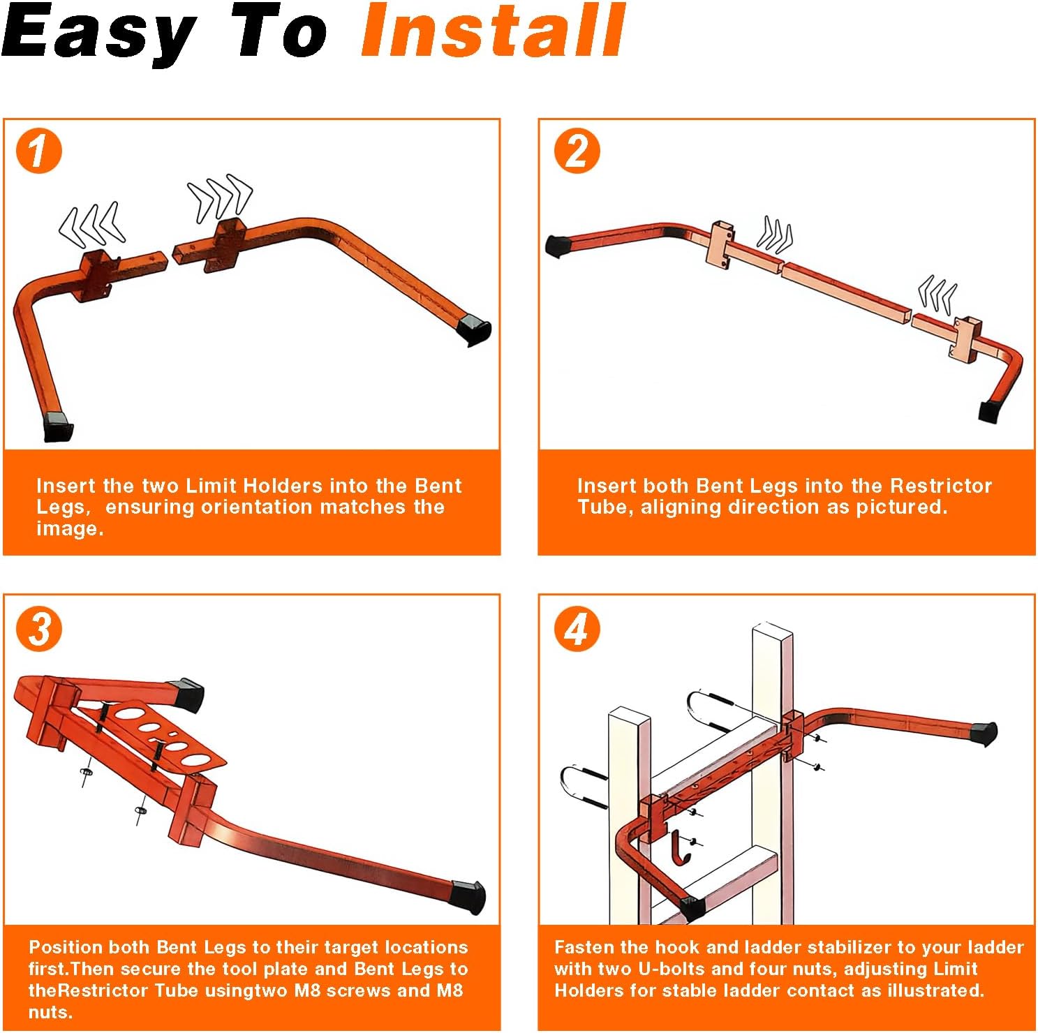 Heavy-Duty Ladder Stabilizer, Adjustable Extension Ladder Stabilizer with Roof Hook, Universal Carbon Steel Ladder Accessory for Aluminum, Fiberglass & Wooden Ladders
