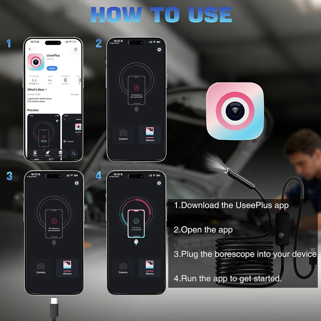 Dual-Lens Endoscope Camera with Light, 1080P HD Borescope for iPhone & Android, USB-C Inspection Camera, 16.4FT Semi-Rigid Cable, 8 LED Lights, IP67 Waterproof