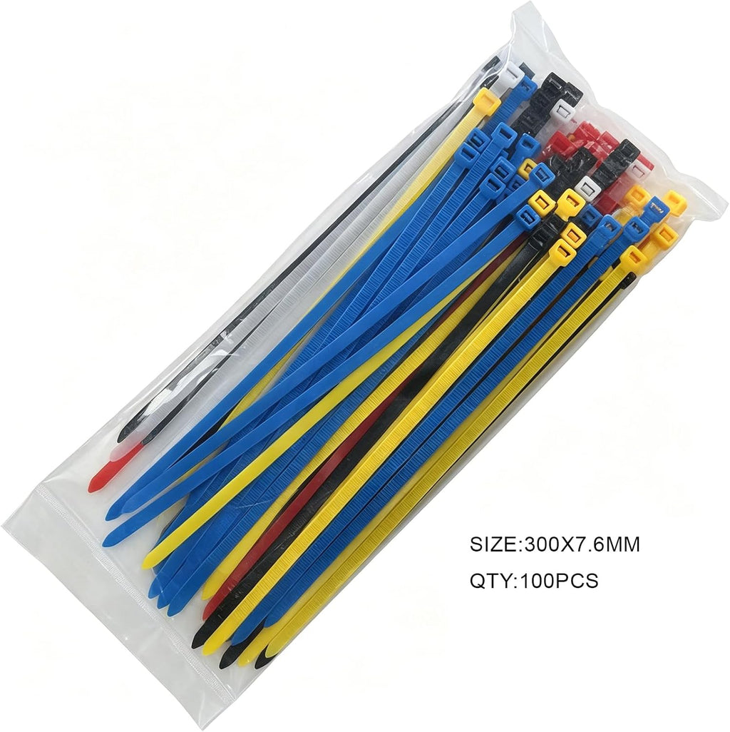 Miyake 100PCS Heavy Duty Zip Ties Assorted Colors - 120LBS Strength, 7.6mm Wide PA66 Nylon Self-Locking UV Resistant Cable Ties (8" / 12" / 14" / 18")