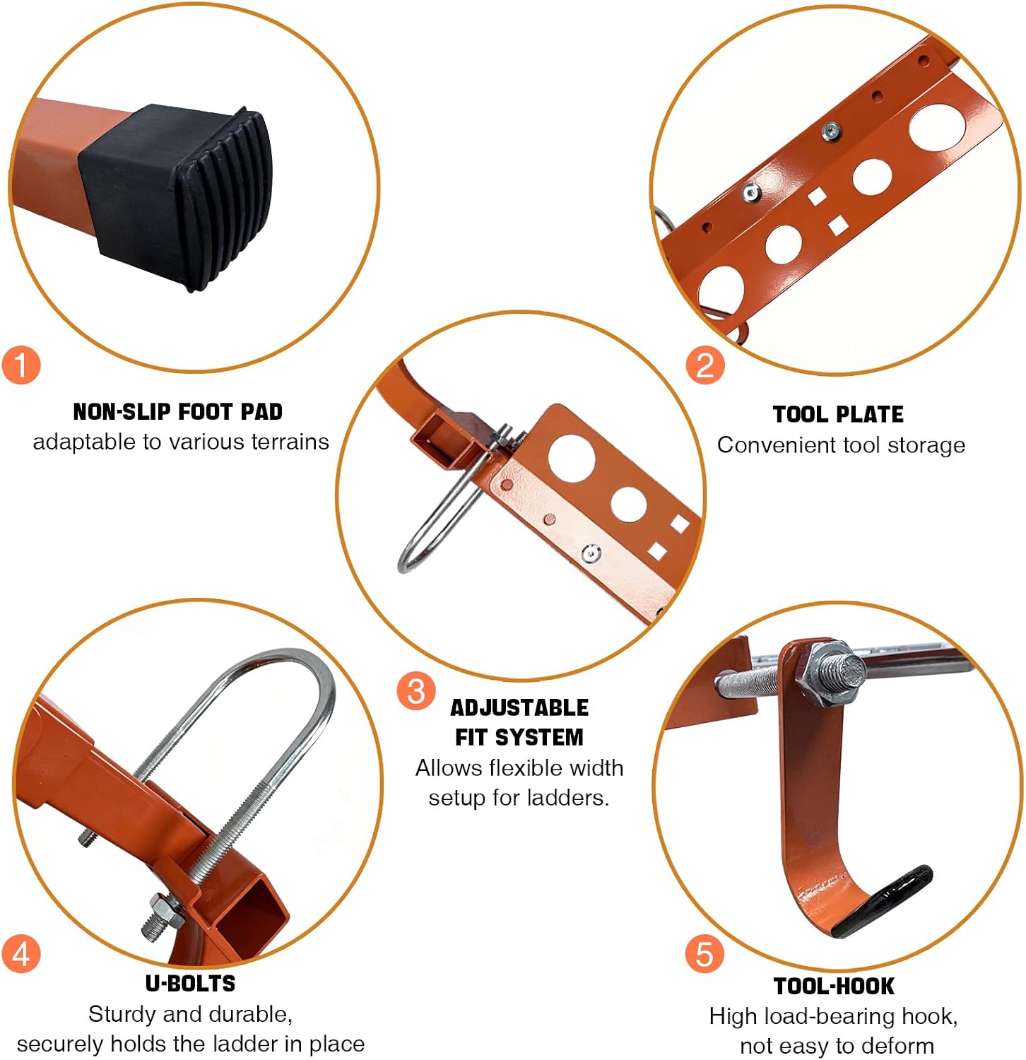 Heavy-Duty Ladder Stabilizer, Adjustable Extension Ladder Stabilizer with Roof Hook, Universal Carbon Steel Ladder Accessory for Aluminum, Fiberglass & Wooden Ladders