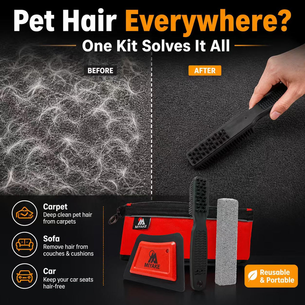 Miyake 3-in-1 Pet Hair Remover Kit for Carpet, Couch, Car Seats & Clothes