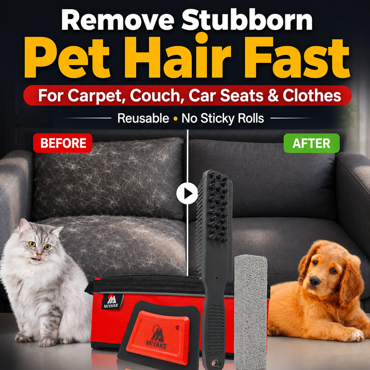 Miyake 3-in-1 Pet Hair Remover Kit for Carpet, Couch, Car Seats & Clothes